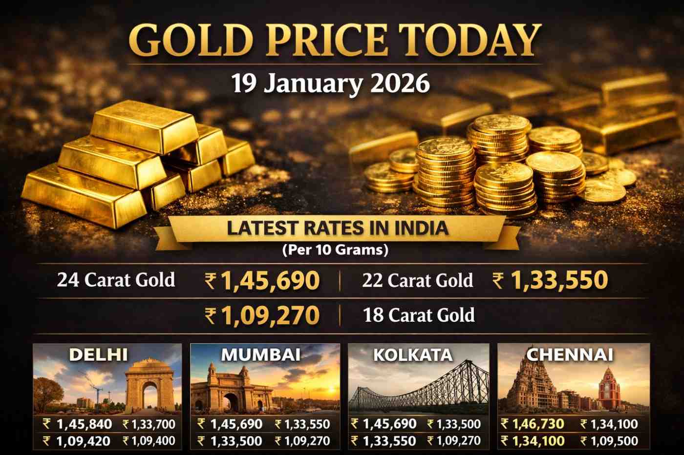 Gold Price Today 19 January 2026 Latest Rates in Delhi, Mumbai, Kolkata
